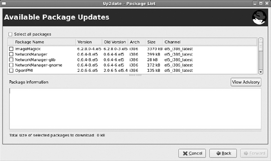 Available Package Updates screen