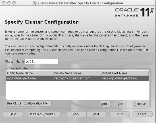 Specify Cluster Configuration screen