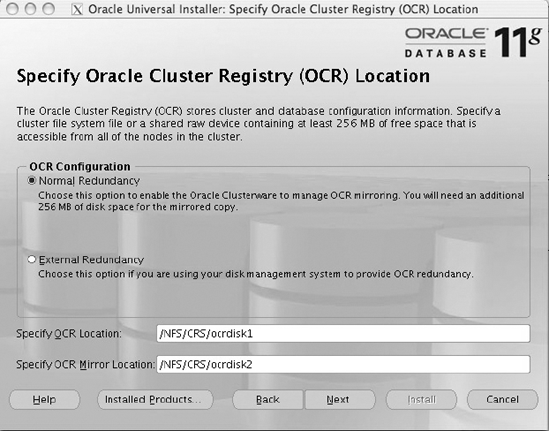 Specify Oracle Cluster Registry (OCR) Location screen