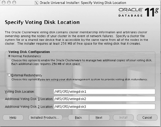 Specify Voting Disk Location screen