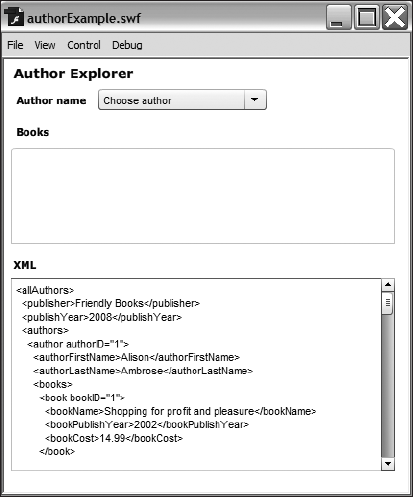 The TextArea displays the contents of the authorsXML object.