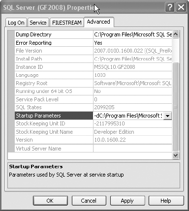 SQL Server instance's Properties dialog box showing the server's advanced properties