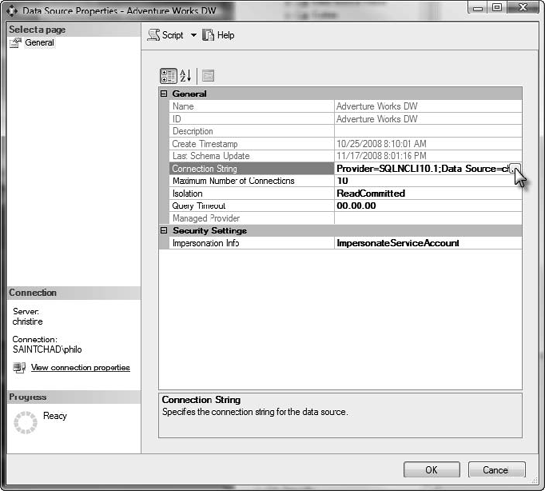 Editing the connection string for a data source in SSMS