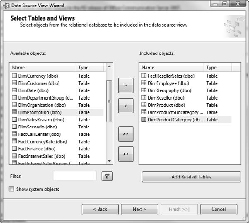 Selecting tables for the data source view