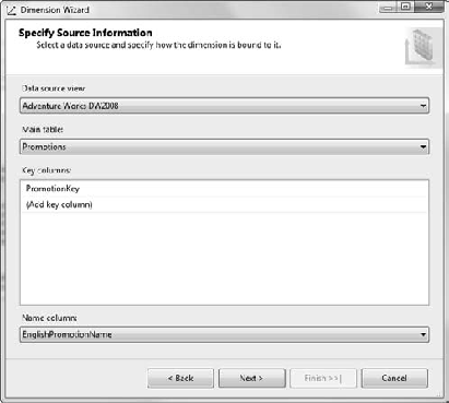 Selecting the data table for the dimension