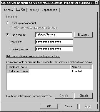 The Log On properties for the SSAS service