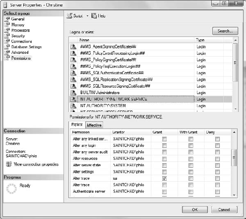 Setting properties on the database server