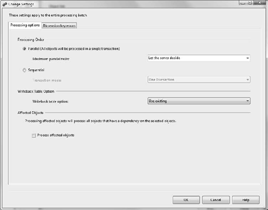 The Processing Options tab of the Change Settings dialog box