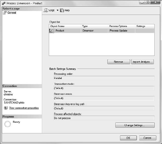 The Process object dialog box in SSMS