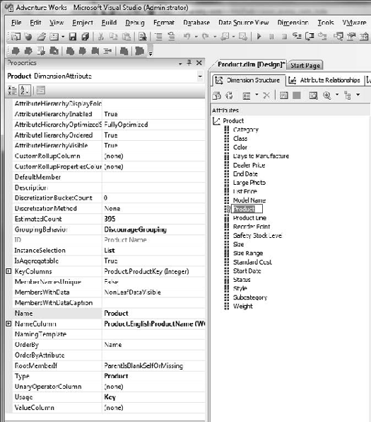 Viewing the KeyColumns property of the Product attribute