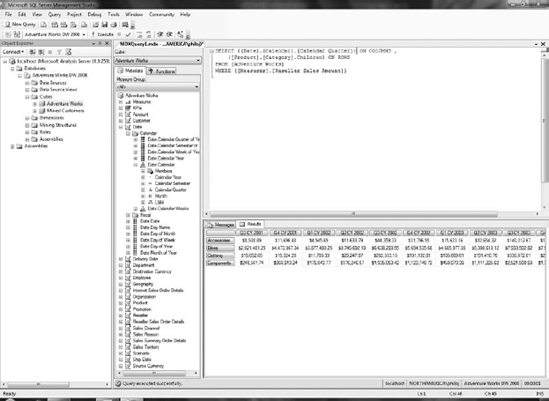 SQL Server Management Studio (SSMS) with an MDX query open