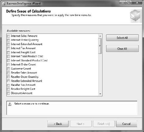 Selecting measures for time intelligence