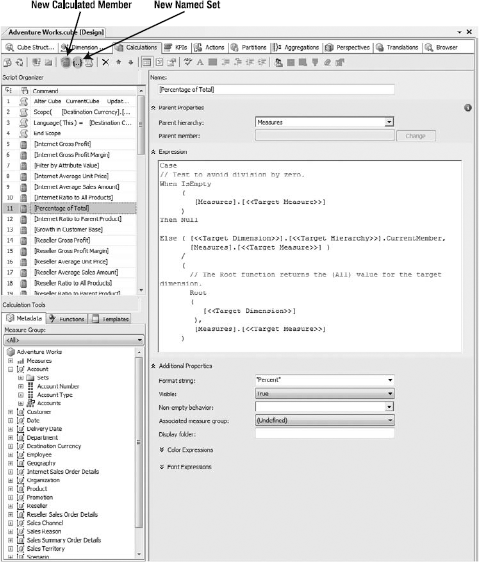 The Calculations tab is where you create calculated measures and named sets.