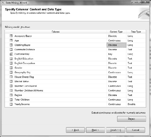 Specifying column content and type