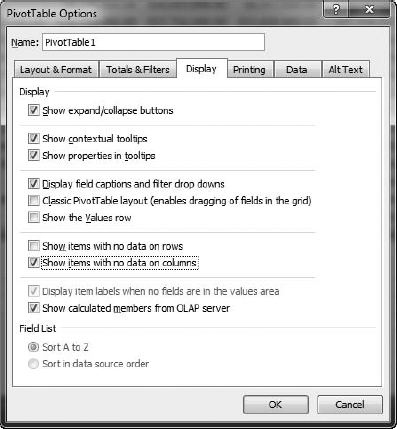 Setting pivot table options