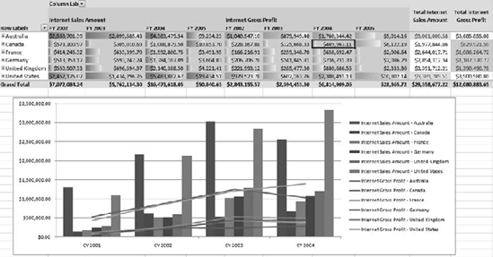 A pivot table and pivot chart in Excel 2007