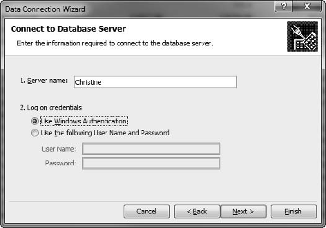 Selecting the server in the data connection wizard