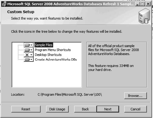 Selecting options and the location to install the sample files