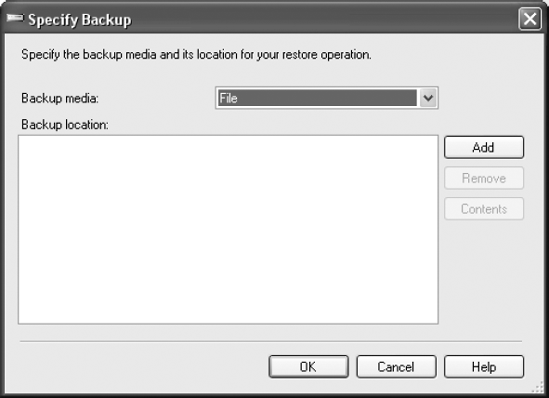 The Specify Backup window without a backup location defined