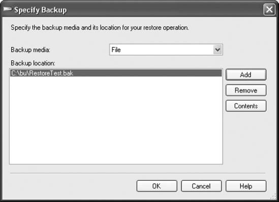 Specify Backup with a backup location defined