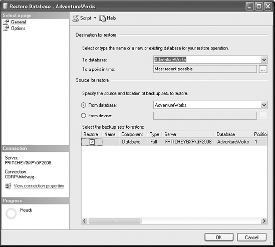 Restore Database window with the backup media selected