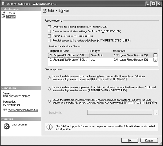 Restore Database window with the Options page displayed