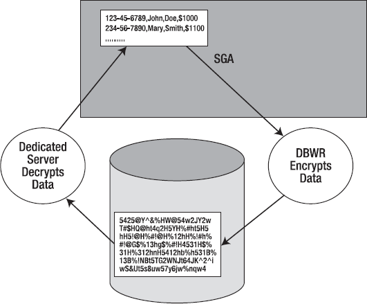 State of encrypted database blocks on disk and in SGA
