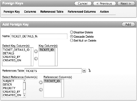 Defining Cascade Delete foreign key for the TICKET_ID
