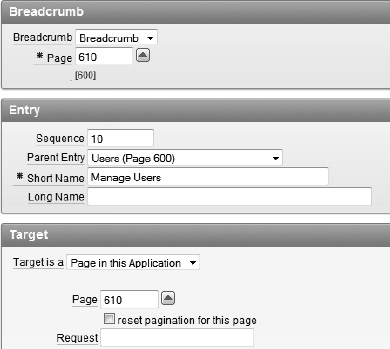 Breadcrumb settings for page 610 as a child of page 600