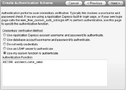 Custom authentication function setting