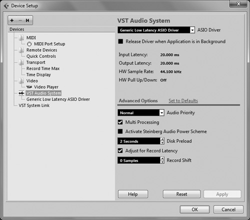 The Device Setup VST Audio System setup page.