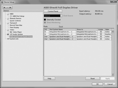 The port settings for an ASIO driver.