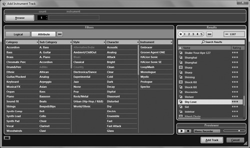 Using filters to find the right instrument preset.