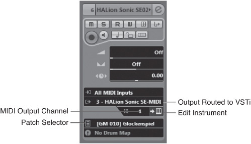 The Patch Selector field in a MIDI track playing through a VSTi plug-in.