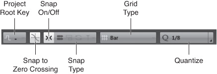 The Project Root Key, Snap, Grid, and Quantize buttons.