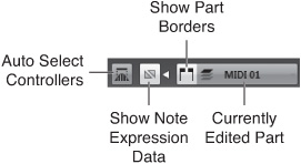 The Auto Select Controllers, Show Note Expression Data, Show Part Borders, and Currently Edited Part buttons.