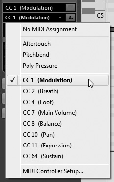 Mapping a Note Expression parameter to a MIDI controller.