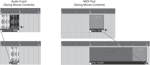 Resizing an event using the Sizing Moves Contents mode of the Object Selection tool.