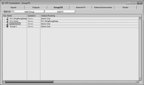 Managing FX channels in the VST Connections panel.