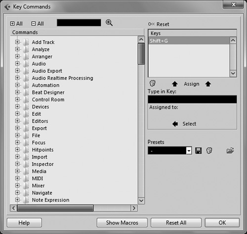 The Key Commands dialog box.