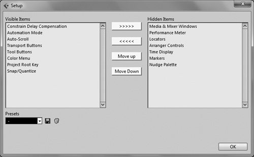 The toolbar Setup dialog box.