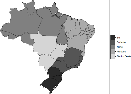 Figure showing a map of Brazil showing the different state boundaries, with states filled according to which region they come from.