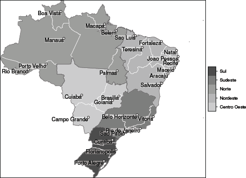 Figure showing a map of Brazil showing the different state boundaries, with states filled according to which region they come from and state capitals shown.