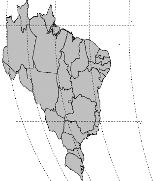 Figure showing a map of Brazil using an orthographic projection. This is what Brazil would look like from space (hovering above the equator directly south of Greenwich).