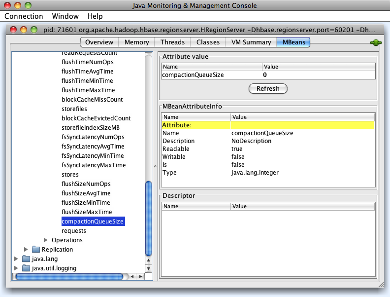 The MBeans tab, from which you can access any HBase process metric.