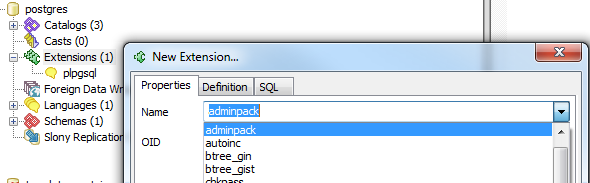 Installing extensions using pgAdmin