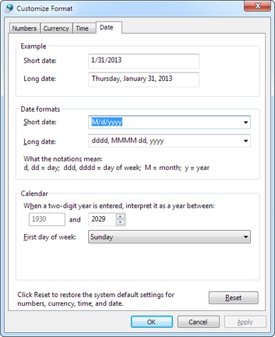 Your computer settings determine how dates appear in applications like Access. Use the drop-down lists to specify the date separator; order of month, day, and year components in a date; and how Access should interpret two-digit years. You can mix and match these settings freely, although you could wind up with a computer that’s completely counterintuitive to other people.