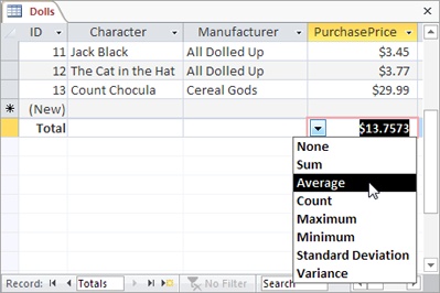 Here, the Total row shows the average price of all the records in the Dolls table.