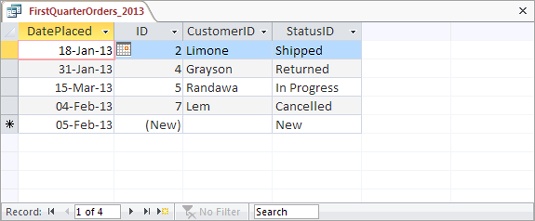 Here are the results of a query that shows orders placed within a specific date range. You can use the datasheet window to review or print your results, or you can edit information just as you would in a table datasheet.