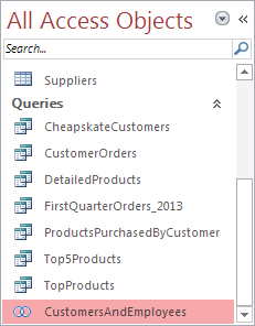 Union queries, like the CustomersAndEmployees query shown here at the bottom of the list, have a different icon in the navigation pane. The two joined circles indicate that more than one set of results are being shown together.